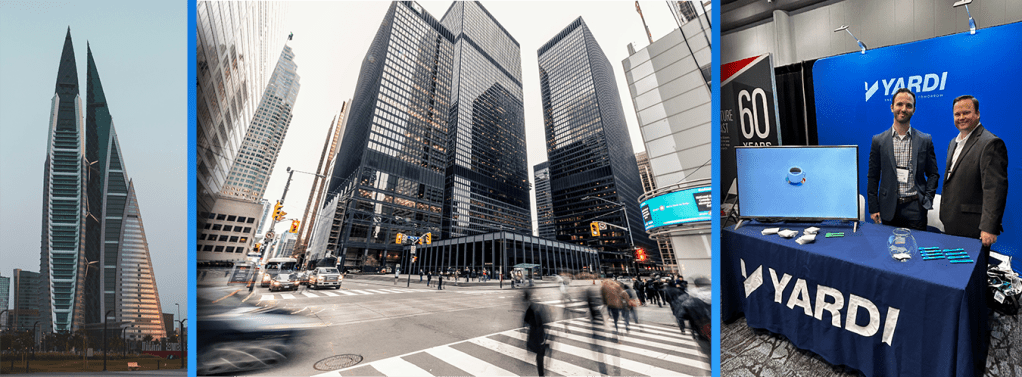 Toronto city buildings and a picture of Eric Butler and Ethan Sheffer at PM Springfest representing the Yardi booth